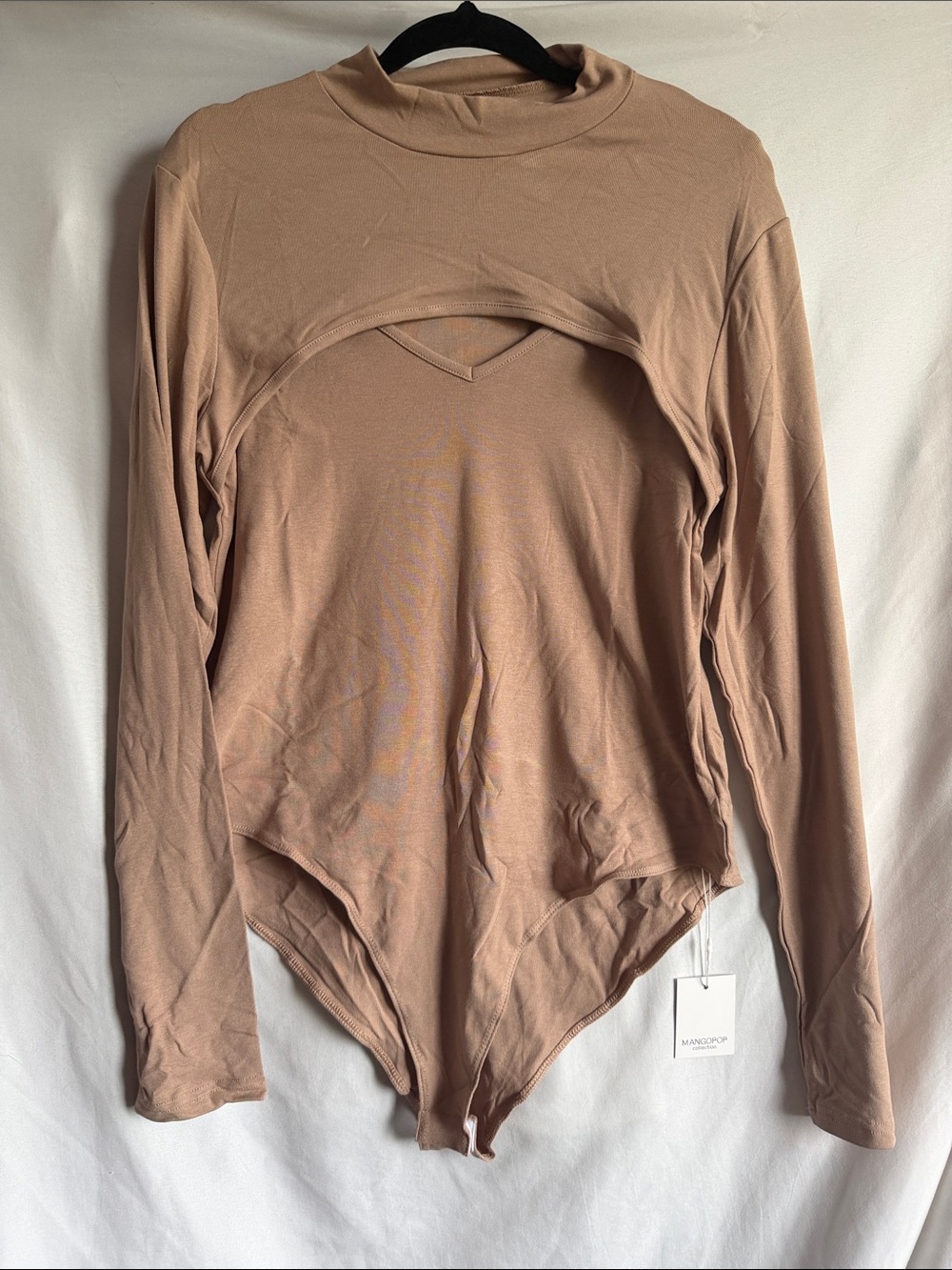 Long-Sleeve Layered Cutout Bodysuit in Taupe